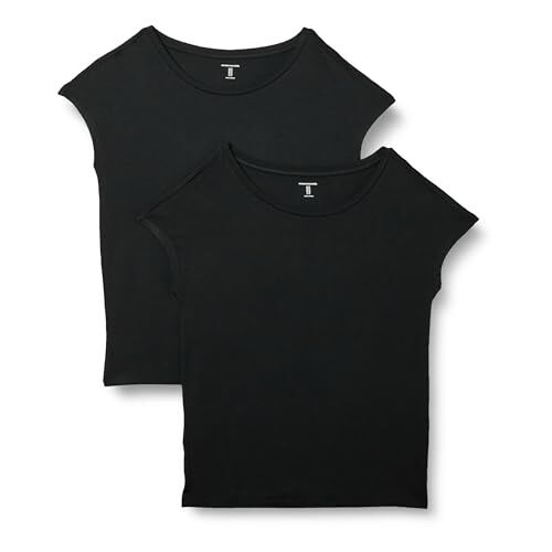Amazon Essentials T-Shirt con Scollo a Barca e vestibilità Standard a Maniche Corte in Jersey Donna, Pacco da 2, Nero, L