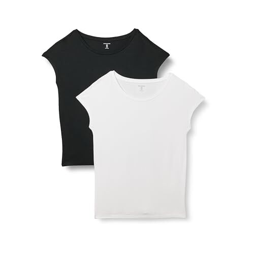 Amazon Essentials T-Shirt con Scollo a Barca e vestibilità Standard a Maniche Corte in Jersey Donna, Pacco da 2, Bianco/Nero, M
