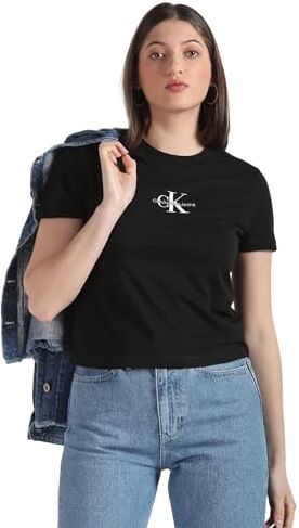 Calvin Klein Women's MONOLOGO BABY TEE S/S Knit Tops, Ck Black, XXL