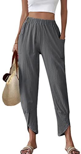 ORANDESIGNE Pantaloni Casual Donna in Lino Elegante con Elastico in Vita Pantalone Estivo con Tasche per Vacanze Lavoro C Grigio M