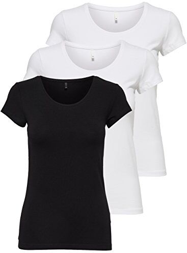 Only Confezione da 3 magliette da donna a maniche corte basic, essenziali, estive, nero o bianco, Mix 2 colori., L