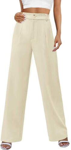 Niwicee Pantaloni Leggeri Donna Tempo Libero, A Gamba Larga, Eleganti Pantaloni Estivi, Comodi Pantaloni Lunghi Basici, da Ufficio, con Tasche-Beige-M