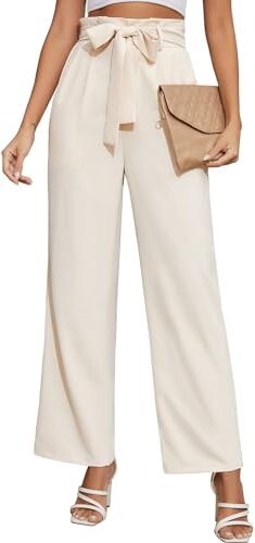 Niwicee Pantaloni Donna Estivi Palazzo Pantaloni Svasati Leggeri，A Vita Alta con Tasche Gamba Larga Lunghi Pantaloni, per Ufficio Pantaloni Casual-Beige-L