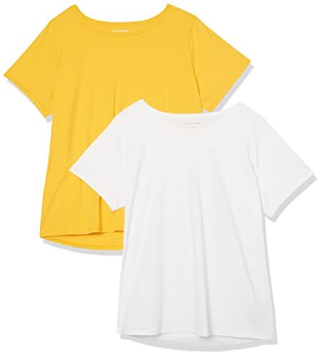 Amazon Essentials T-Shirt Girocollo A Maniche Corte 100% Cotone con vestibilità Classica (Taglie Forti Disponibili) Donna, Pacco da 2, Bianco/Giallo Drato, XL Plus