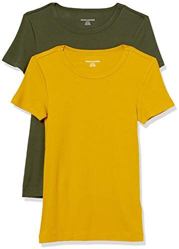 Amazon Essentials T-Shirt Girocollo a Maniche Corte Slim Donna, Pacco da 2, Oro/Verde Oliva, XL