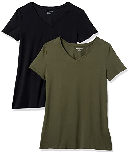 Amazon Essentials T-Shirt con Scollo a v a Maniche Corte con vestibilità Classica Donna, Pacco da 2, Verde Oliva/Nero, M
