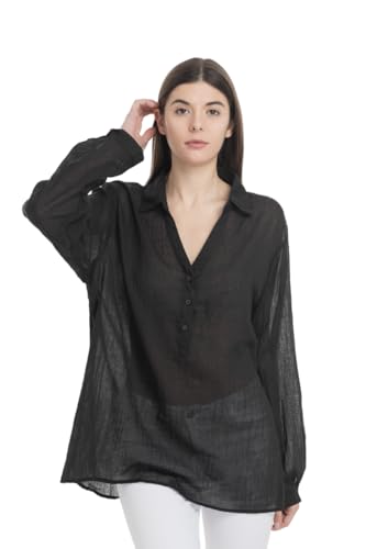 TONY BACKER Camicia da Donna a Manica 3/4 in Lino e Cotone per Primavera/Estate, Leggera e trasparernte (l/XL, F517-NERO)