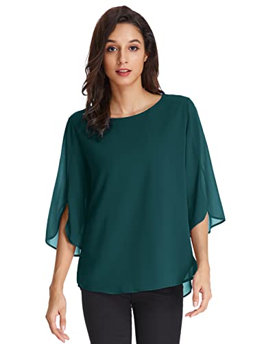 GRACE KARIN Camicie Donna di Chiffon con Scollo Tondo Maniche a 3/4 Traspirante E Confortevole Verde Nero XL