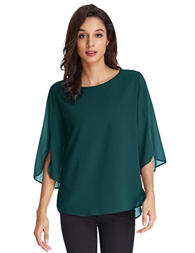 GRACE KARIN Camicia Donna Scollo Tondo Manica Corta Leggero Morbido Casual Estivo Pieghe Verde Nero M