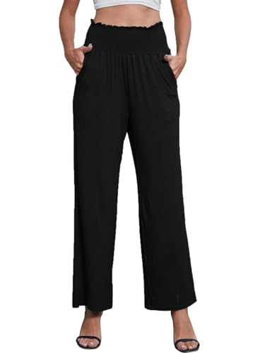 Joligiao Donna Pantaloni Palazzo a Gamba Larga Pantaloni Casual Elastici a Vita Alta con Tasche Pantaloni Yoga Casual a Gamba Dritta Pantaloni Leggeri e Confortevoli Nero M