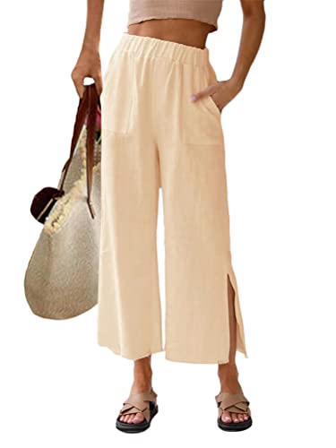 ORANDESIGNE Pantaloni Casual Donna in Lino Elegante con Elastico in Vita Pantalone Estivo con Tasche per Vacanze Lavoro D Albicocca M