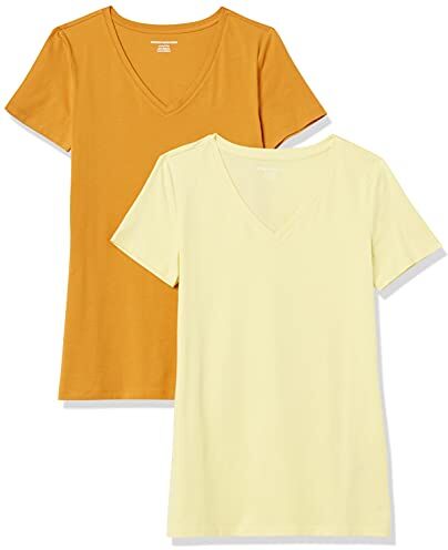 Amazon Essentials T-Shirt con Scollo a v a Maniche Corte con vestibilità Classica Donna, Pacco da 2, Giallo Chiaro/Giallo Drato, XL