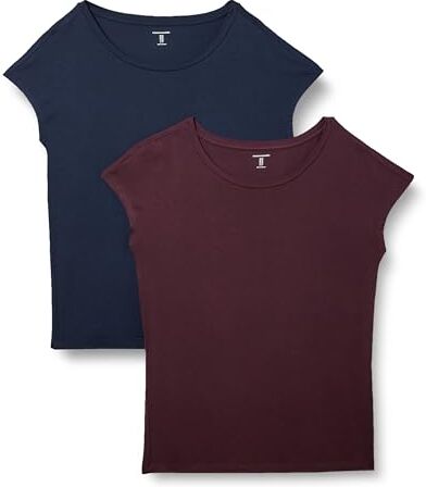 Amazon Essentials T-Shirt con Scollo a Barca e vestibilità Standard a Maniche Corte in Jersey Donna, Pacco da 2, Blu Marino/Bordeaux, S