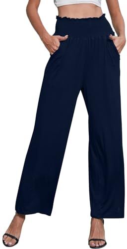 Yutdeng Pantaloni Donna Comdi Dritta Palazzo Gamba Larga Pantaloni a Vita Alta Elastico Pantalone Donne Elegante Cruvy con Tasche Pantaloni Lunghi Casual Yoga,Navy Blu,XXL