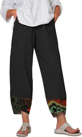 heekpek Pantaloni Donna Estivi Cotone Lino Leggeri Comodi Pantaloni Casual Donna Larghi Tinta Unita Pantaloni Spiaggia 9/10 Lunghezza, Nera Stampa, M