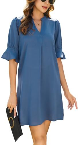 Svanco Camicia Abiti Donna Mini Abiti Scollo a V Mezze Maniche Elegante Vestito di Linea Vestito di Colore Solido Camicia per Signora Abiti Midi Allentati Blu XL