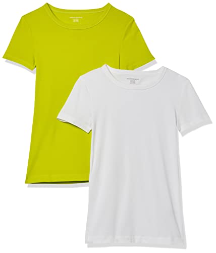 Amazon Essentials T-Shirt Girocollo a Maniche Corte Slim Donna, Pacco da 2, Bianco/Verde Lime, XL