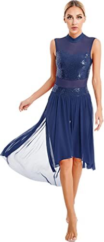 TiaoBug Abito da Ballo Donna Latino Americano Pizzo Trasparente Vestito Danza Classica con Nappa Salsa Samba Rumba Abito da Ballerina Jazz Danza Moderna Dancewear Blu Scuro C M