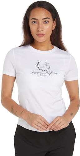 Tommy Hilfiger T-shirt Maniche Corte Donna Slim Flag Tee Scollo Rotondo, Bianco (Th Optic White), S