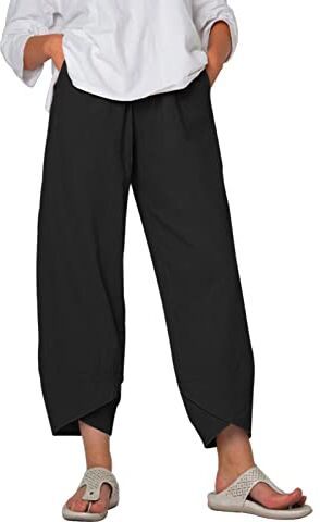 heekpek Pantaloni Donna Estivi Cotone Lino Leggeri Comodi Pantaloni Casual Donna Larghi Tinta Unita Pantaloni Spiaggia 9/10 Lunghezza, Nero, XXL