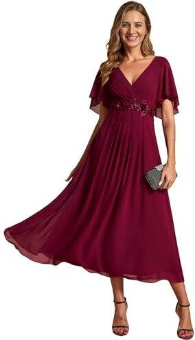 Ever-Pretty Abito da Ospite di Nozze Donna Applique Maniche a Volant Collo a V Stile Impero Chiffon Cerimonia Borgogna 38