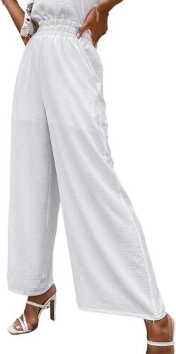 BrOleo Pantaloni da Donna in Lino e Cotone Pantaloni da Spiaggia Sciolti in Tinta Unita Casual Boho Vita Alta Elastici a Gamba Larga Pantaloni da Yoga Palazzo con Tasche Pantaloni da Pal