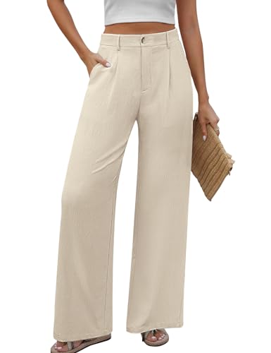 PASUDA Pantaloni Donna Estivi Comodi Larghi Pantaloni Casual Vita Alta Pantaloni Eleganti Pantaloni da Completo Leggeri Pantalone da Spiaggia con Tasca e Striscia di Bottoni (Beige, L)