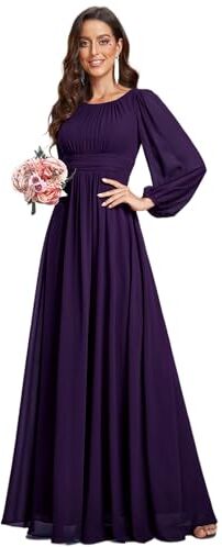 Ever-Pretty Vestito da Sera Donna Lungo Cintura Rotondo Manica Lunga Elegante Abiti da Cerimonia ES0106B Viola Scuro 44