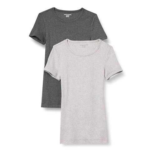 Amazon Essentials T-Shirt Girocollo a Maniche Corte Slim Donna, Pacco da 2, Carbone Puntinato/Grigio Chiaro Puntinato, XL