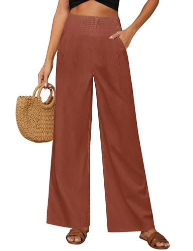 PASUDA Pantaloni Lino Donna Estivi Pantaloni Larghi Elastico Vita Alta Pantaloni Eleganti Pantalone Casual da Spiaggia Leggeri Comodi con Tasche (Rosso Mattone, L)