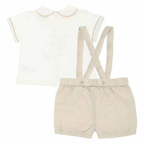 THUN , Completo T-Shirt e Shorts con Bretelle in Misto Jersey Lino Color Latte e Beige in 100% Cotone Biologico, Linea OVS, 3-6 Mesi