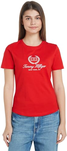 Tommy Hilfiger T-shirt Maniche Corte Donna Slim Flag Tee Scollo Rotondo, Rosso (Fierce Red), L