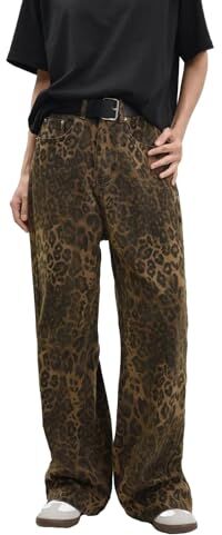 Surttan Jeans con Leopardo Marrone Chiaro da Donna e da Uomo Pantaloni da Donna Oversize a Gamba Larga Pantaloni da Strada Stile Hip Hop Vintage in Cotone Largo Casual Tan Leopard Jeans