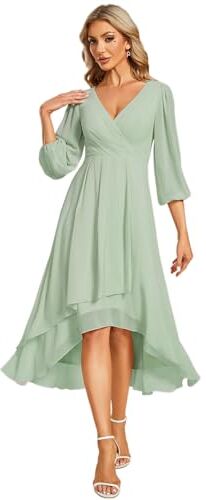 Ever-Pretty Vestito Elegante Donna Cerimonia Manica Lunga Collo a V Gonna Midi EG01926 Menta Verde 40