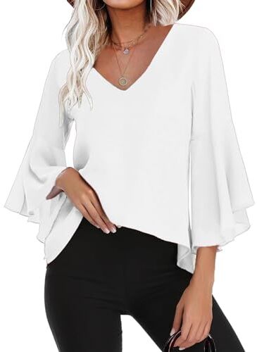 Gyabnw Camicetta Donna Casual in Chiffon Estiva Camicia Elegante Traspirante di 3/4 Manica a Volant Scollo a V Blusa Leggero Classiaca Bianco, M