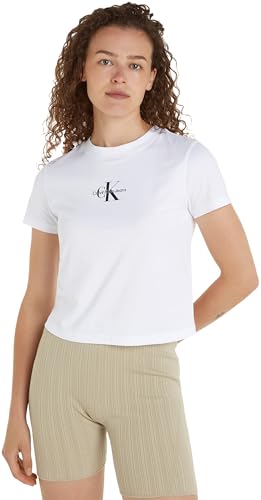 Calvin Klein Women's MONOLOGO BABY TEE S/S Knit Tops, Bright White, XXS