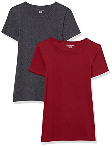 Amazon Essentials T-Shirt Girocollo a Maniche Corte Slim Donna, Pacco da 2, Carbone Puntinato/Bordeaux, XXL