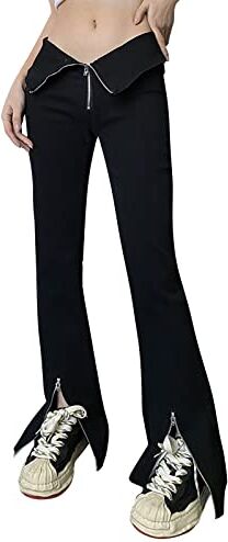 KEERADS Pantaloncini Vestire Jeans a vita alta da donna Baggy Denim Pantaloni Vita a forma di V Leggermente svasata Apertura Bell Bottoms Panel Slim Pantaloni Pantaloncini Jeans Per Ragazza (g-Black, S)