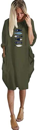 Evansamp Vestito aderente da donna, a maniche lunghe, al ginocchio, con stampa di pesci Army Green XXXXX-Large