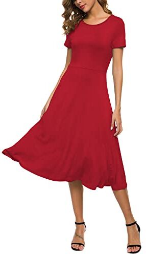 EXCHIC Manica Corta Tinta Unita da Donna Vestito Casual Girocollo (L, Rosso)