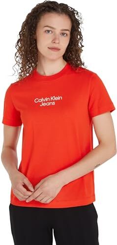 Calvin Klein Women's STACKED INSTITUTIONAL REG TEE S/S T-Shirts, Fiery Red, 3XL