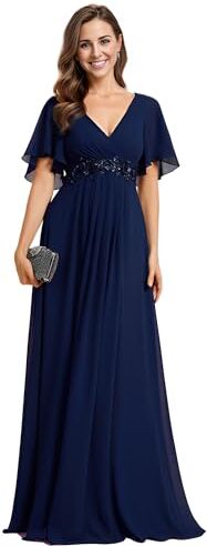 Ever-Pretty Vestito Donna Elegante Scollo a V Maniche a Volant Stile Lungo Abito Cerimonia Donna Blu Navy 44