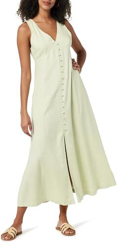 The Drop Blanca Linen Button Front V-Neck Maxi Dress Vestiti, Verde Chiaro, XXS