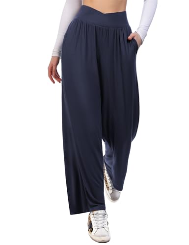 iClosam Pantaloni da Yoga Donna con Tasche Pantaloni Gamba Larga Donna Comodi Pantaloni Harem Donna Vita Alta Pantaloni Casual Donna Primavera Blu Navy-XL