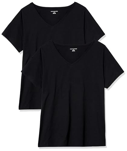 Amazon Essentials T-Shirt a Maniche Corte in 100% Cotone dalla vestibilità Classica con Scollo a V (Disponibile in Taglie Forti) Donna, Pacco da 2, Nero, M