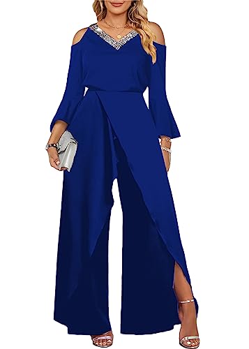 shownicer Tuta da Donna Manica Singola Stampa Tuta a Vita Alta Casual Elegante Tutine Lunghi Intere Pantaloni a Gamba Larga Jumpsuits Rompers Overalls H Blu01 L