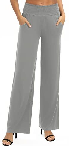 EXCHIC Donna Solido Sciolto Gamba Dritta Palazzo Pantaloni A Vita Alta Elastico Casual Pantaloni con Tasche (S, Grigio Chiaro)