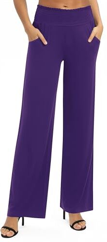 EXCHIC Donna Solido Sciolto Gamba Dritta Palazzo Pantaloni A Vita Alta Elastico Casual Pantaloni con Tasche(XL, Viola)