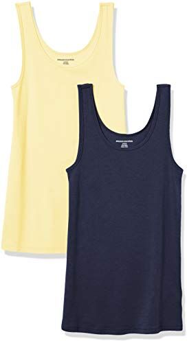 Amazon Essentials Canottiera vestibilità Aderente Donna, Pacco da 2, Blu Marino/Giallo, XL