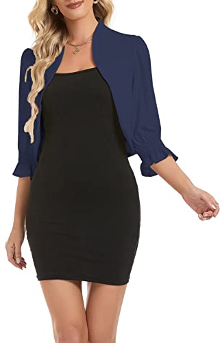 MorFansi Coprispalle Donna Bolero Manica a 3/4 Sbuffo Cardigan Elegante Giacca a Spalla Bolero Festivo Top Corto (Blu Marino,XL)